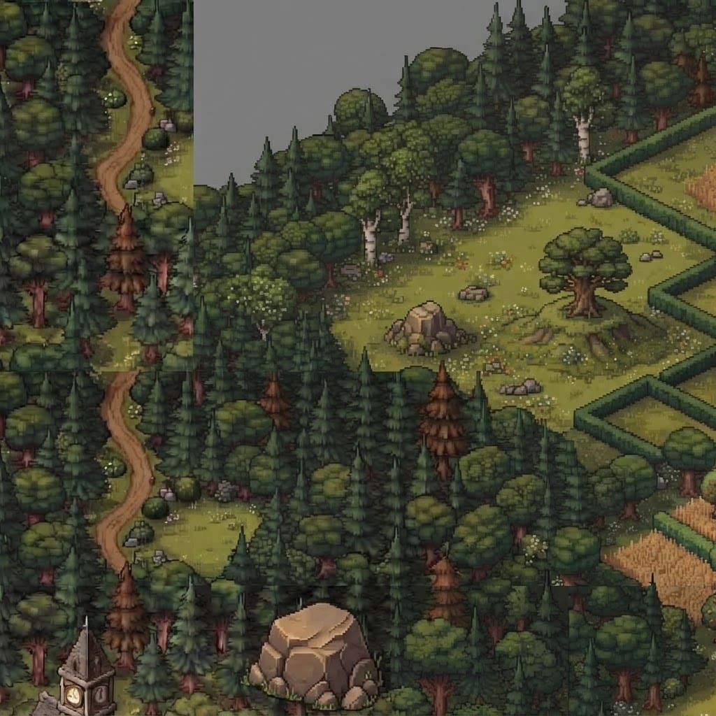 Image: This pixel-art isometric landscape has flat grey (