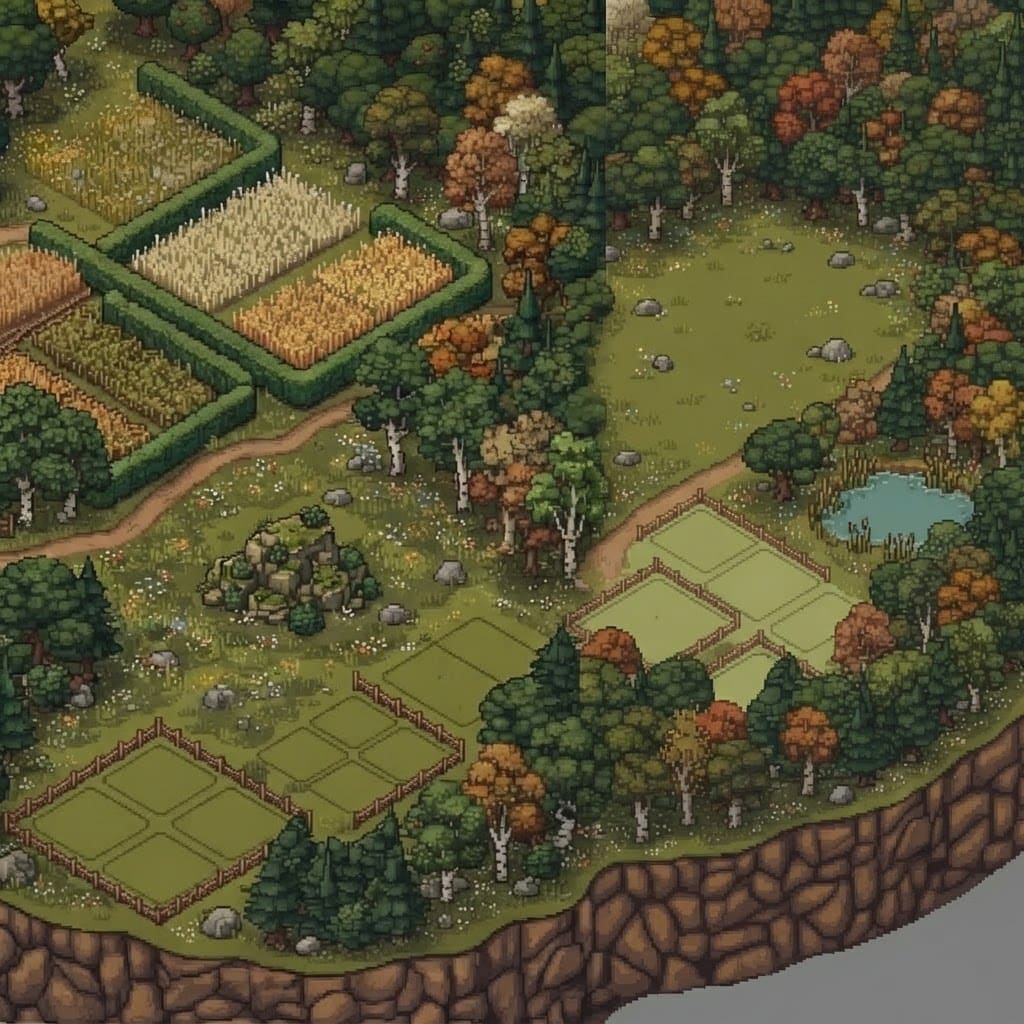Image: This pixel-art isometric landscape has a flat grey