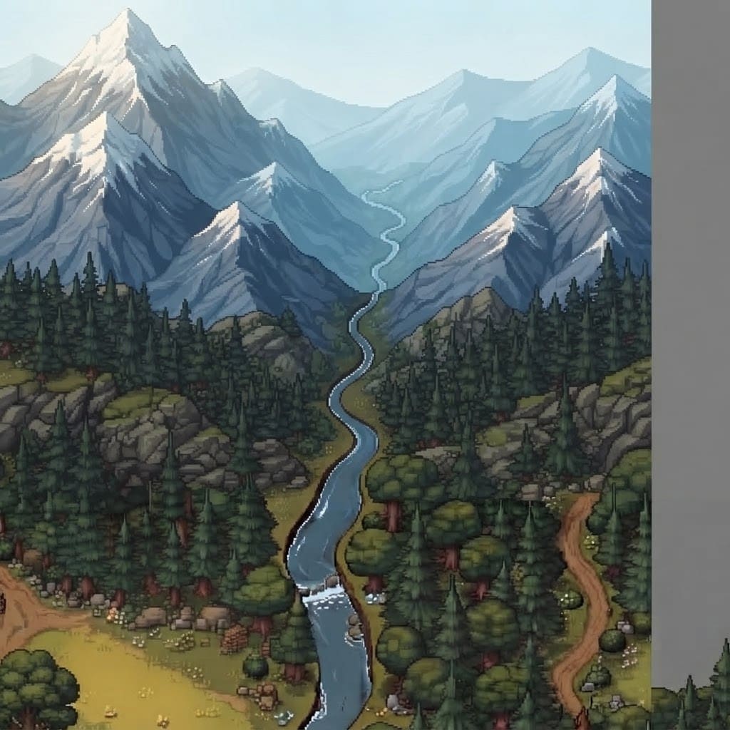 Image: Continue this crisp isometric pixel-art landscape