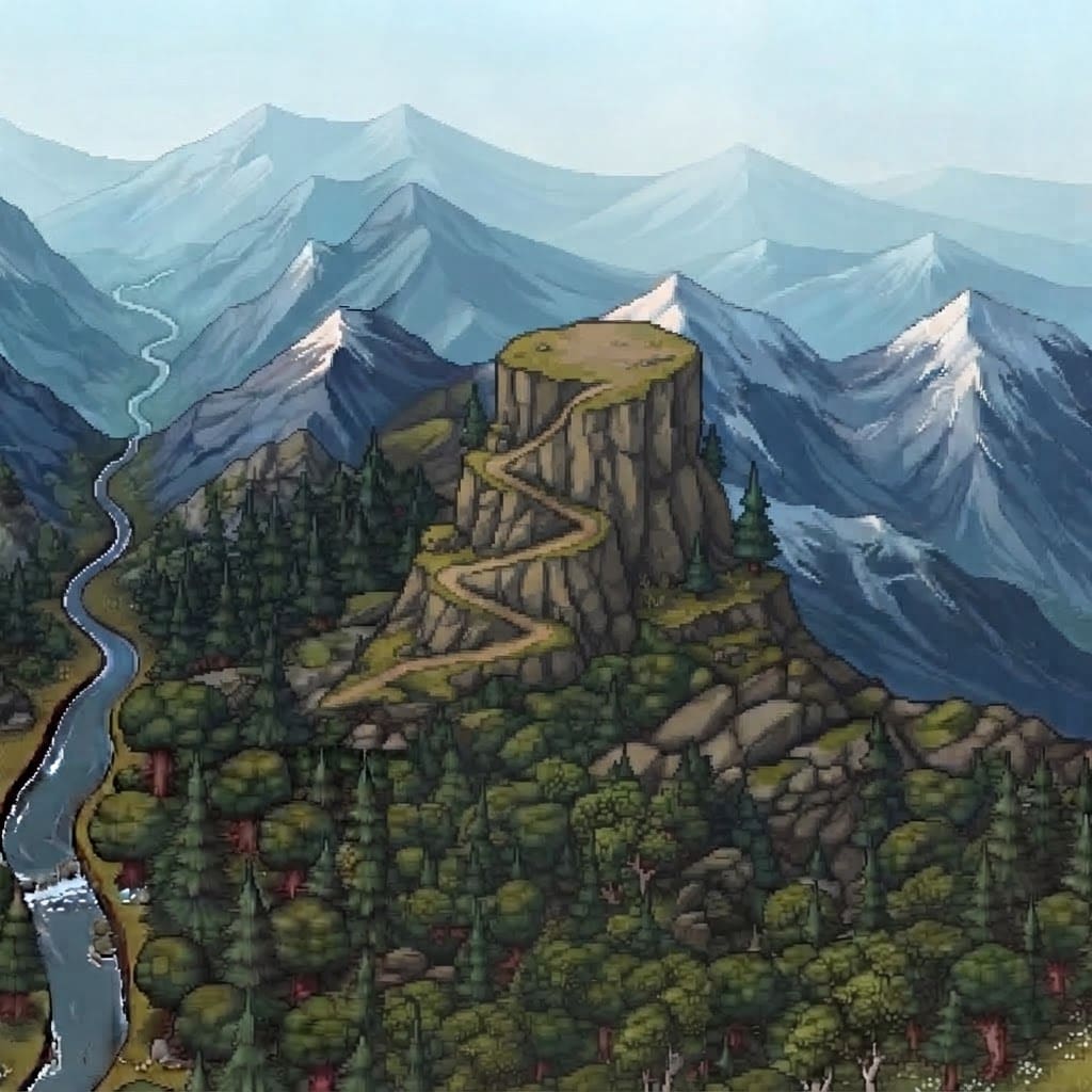 Image: Edit this pixel-art landscape: on the rocky green-