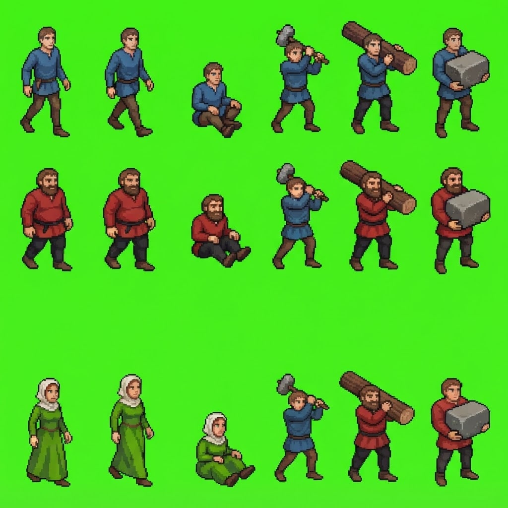 Image: A sprite sheet of small medieval village workers f