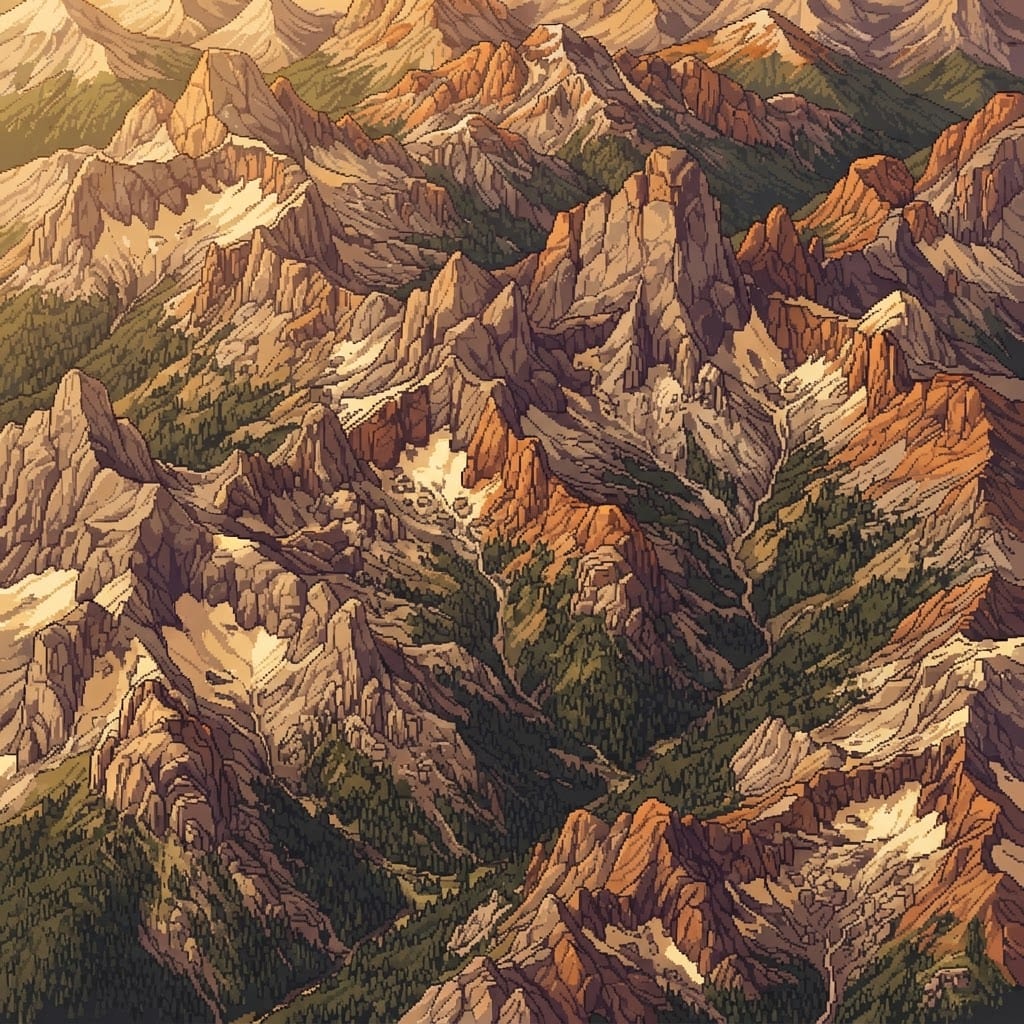 Image: Crisp pixel art, aerial three-quarter view of rugg