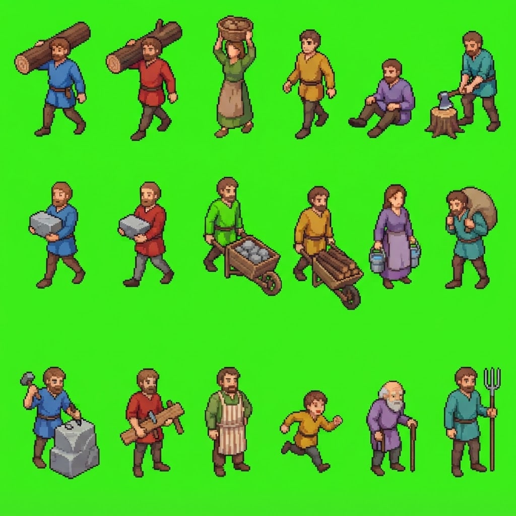 Image: Pixel art sprite sheet of medieval villagers on a 