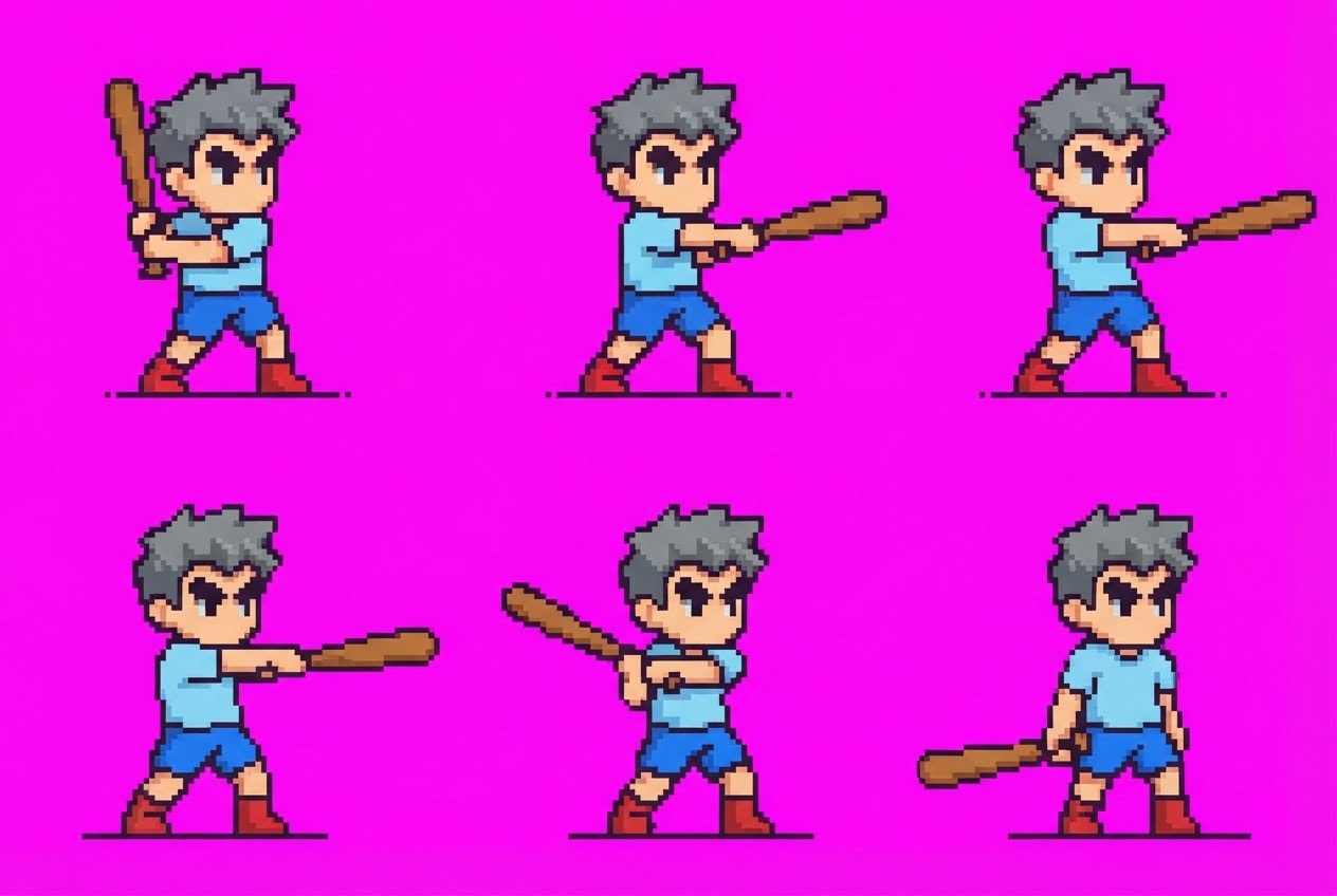 worldoo boy bat swing attack sheet (6 frames, right-facing, 3x2)