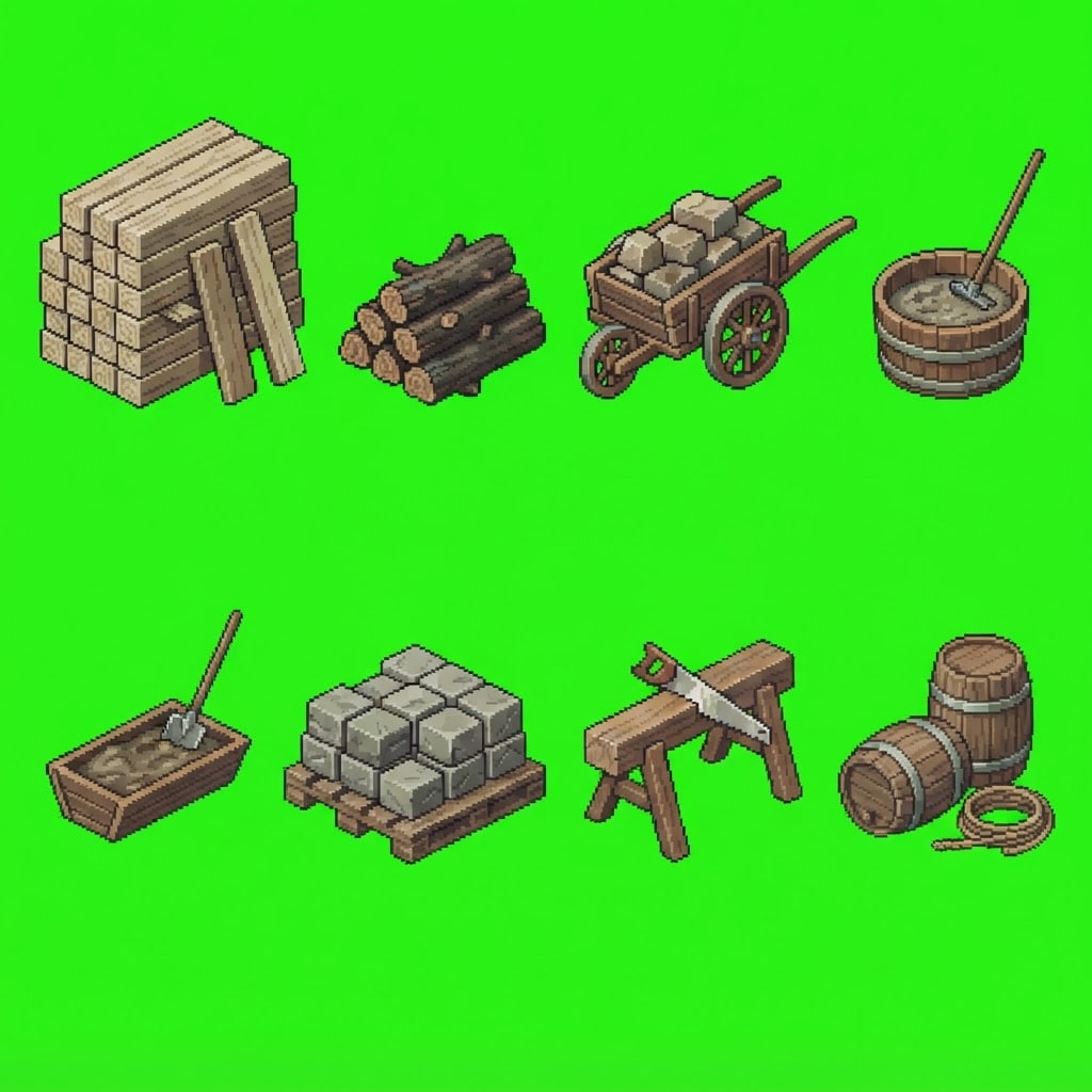 Image: Pixel art sprite sheet for an isometric medieval v