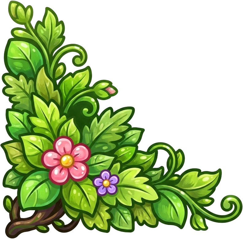 Image: A lush cluster of cartoon green leaves and two sma