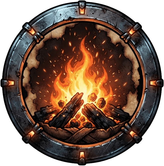 Image: A game HUD emblem: a campfire flame burning inside