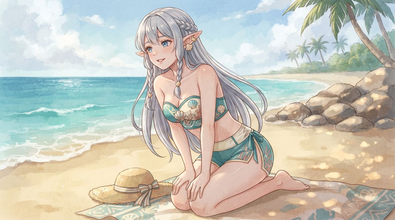 CHICA ELFA ANIME EN LA PLAYA
