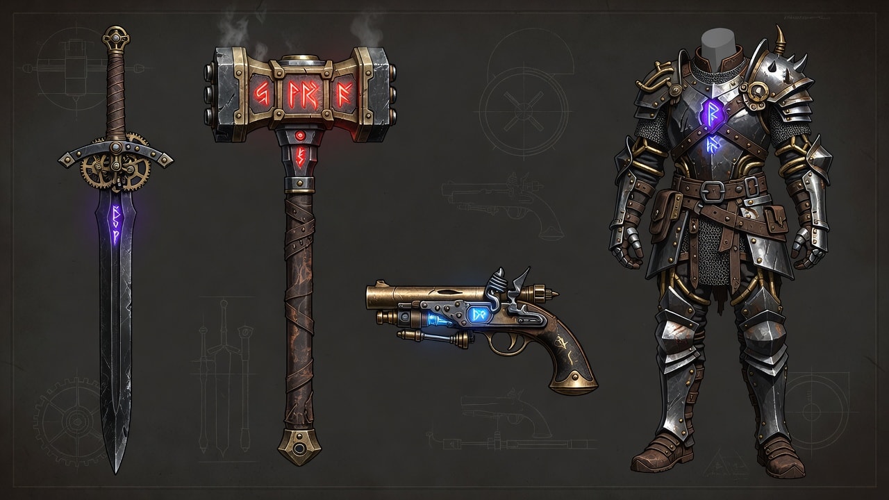Medieval Punk Weapon and Armor Concept Sheet
