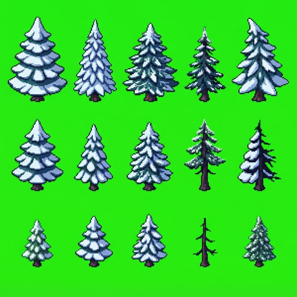 Image: Pixel art sprite sheet of 15 snow-covered conifer 