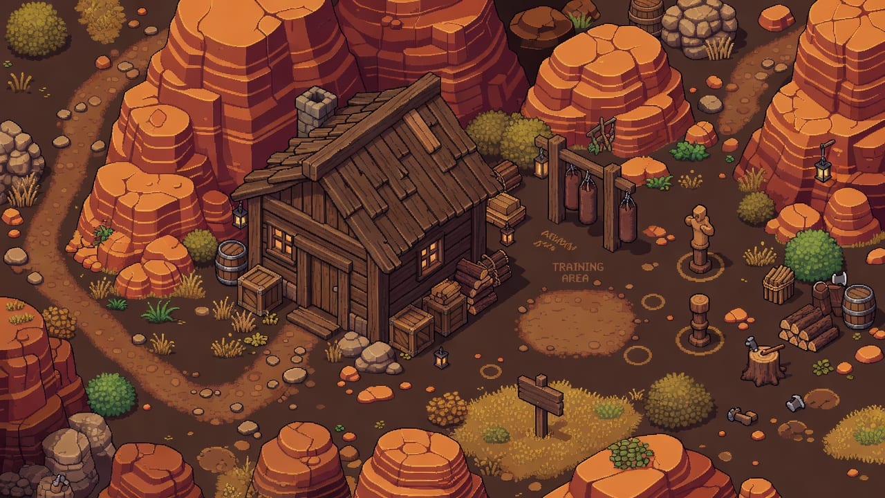 Mapa RPG Pixel Art 16-bit - Casa de Roble Oscuro y Rocas Naranjas