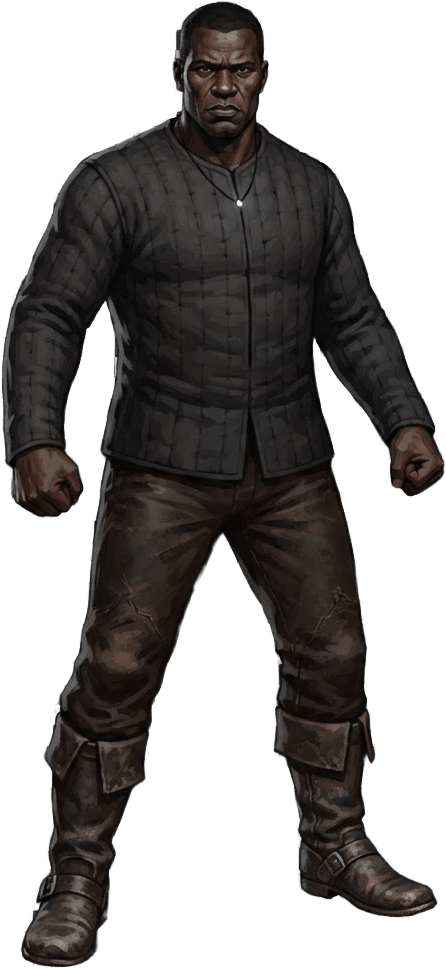 Image: a tall broad-shouldered dark-skinned man with clos