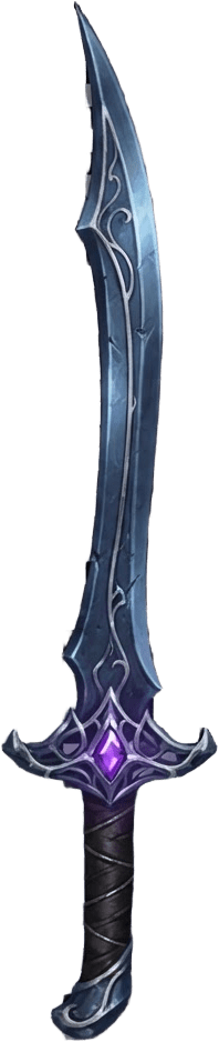 Image: a slim curved steel sabre with a violet gem in the