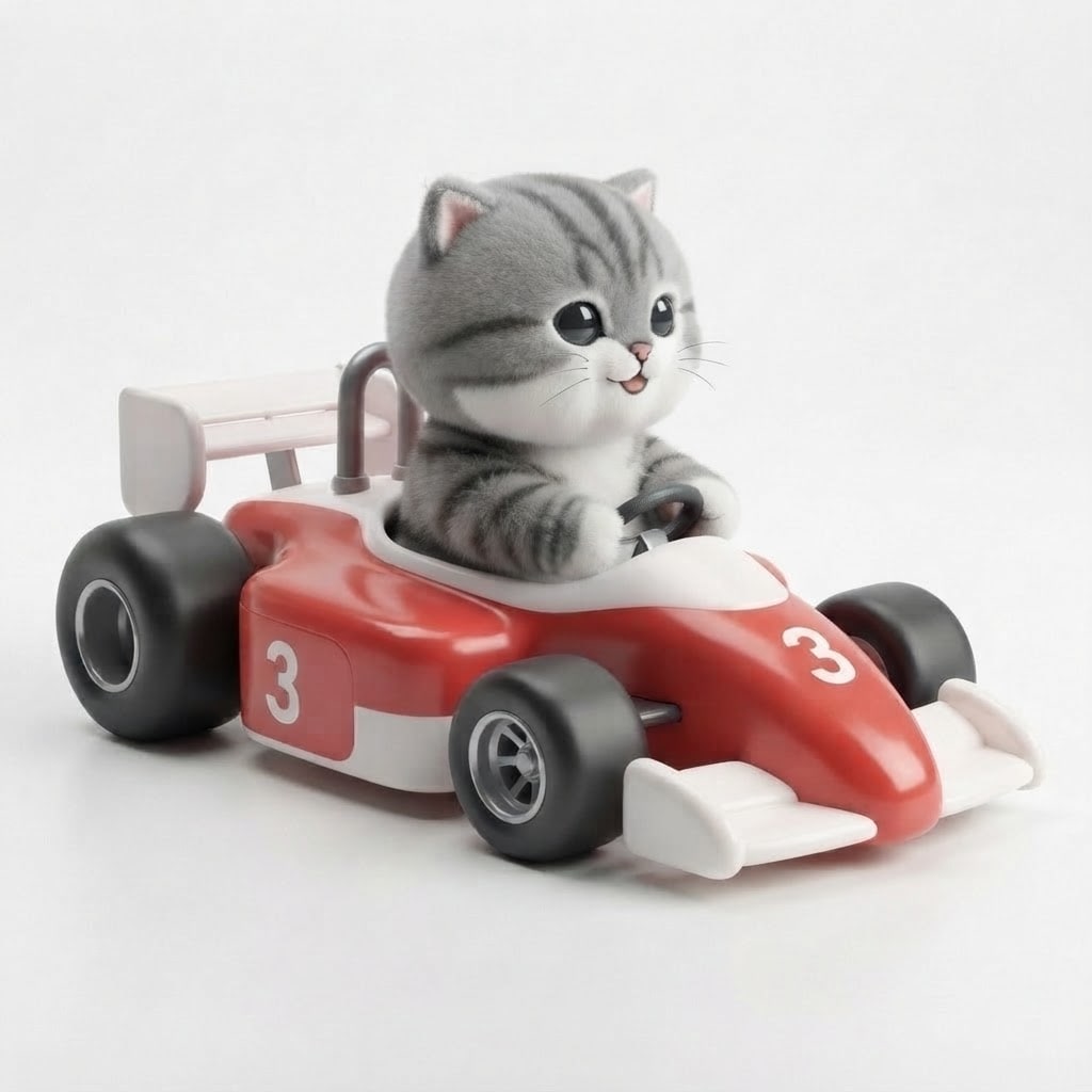 Image: Same chunky toy Formula 1 car and same pose. The g