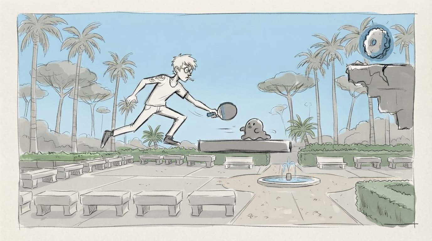 The place — city park with stone benches