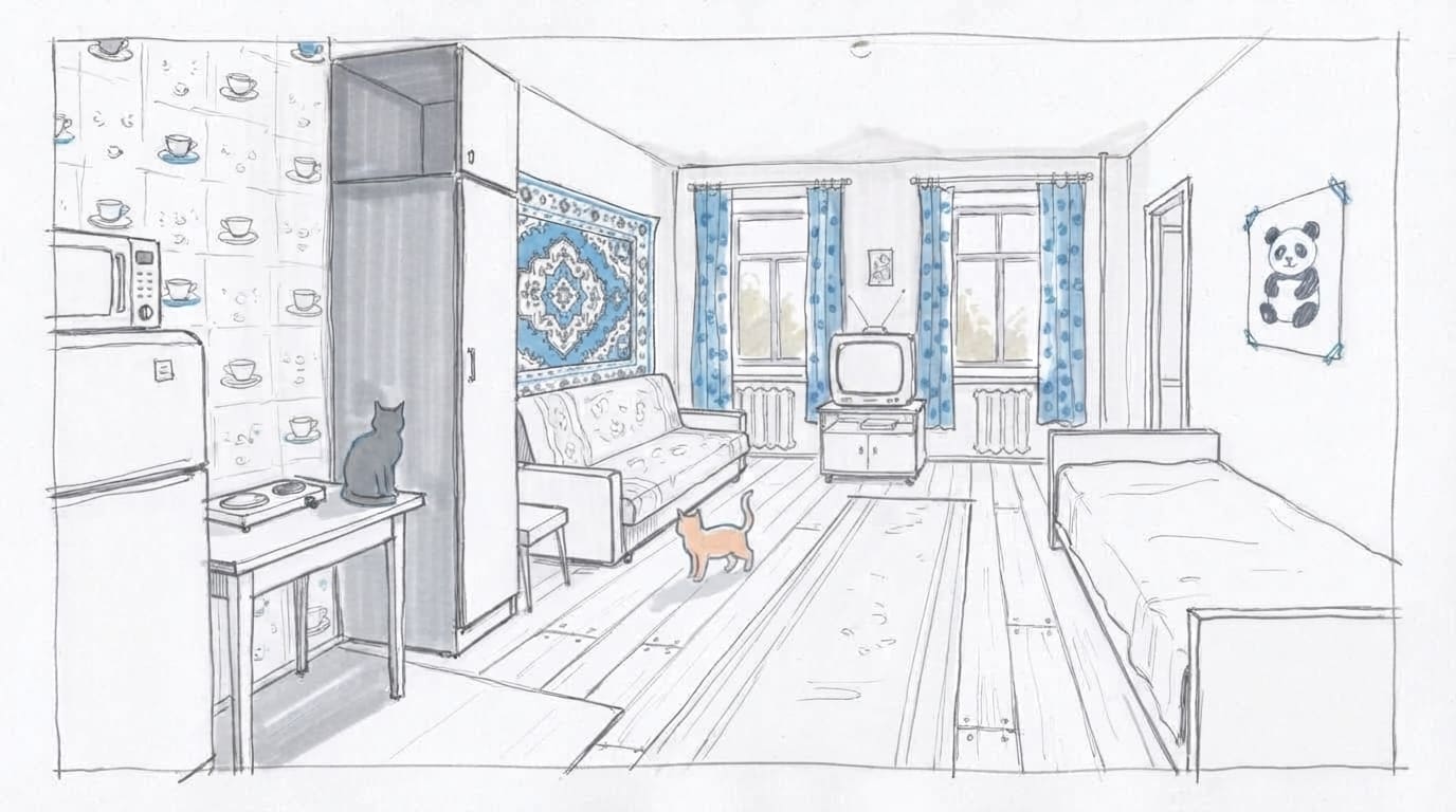 Cabinet perpendicular to wall, doors facing sofa