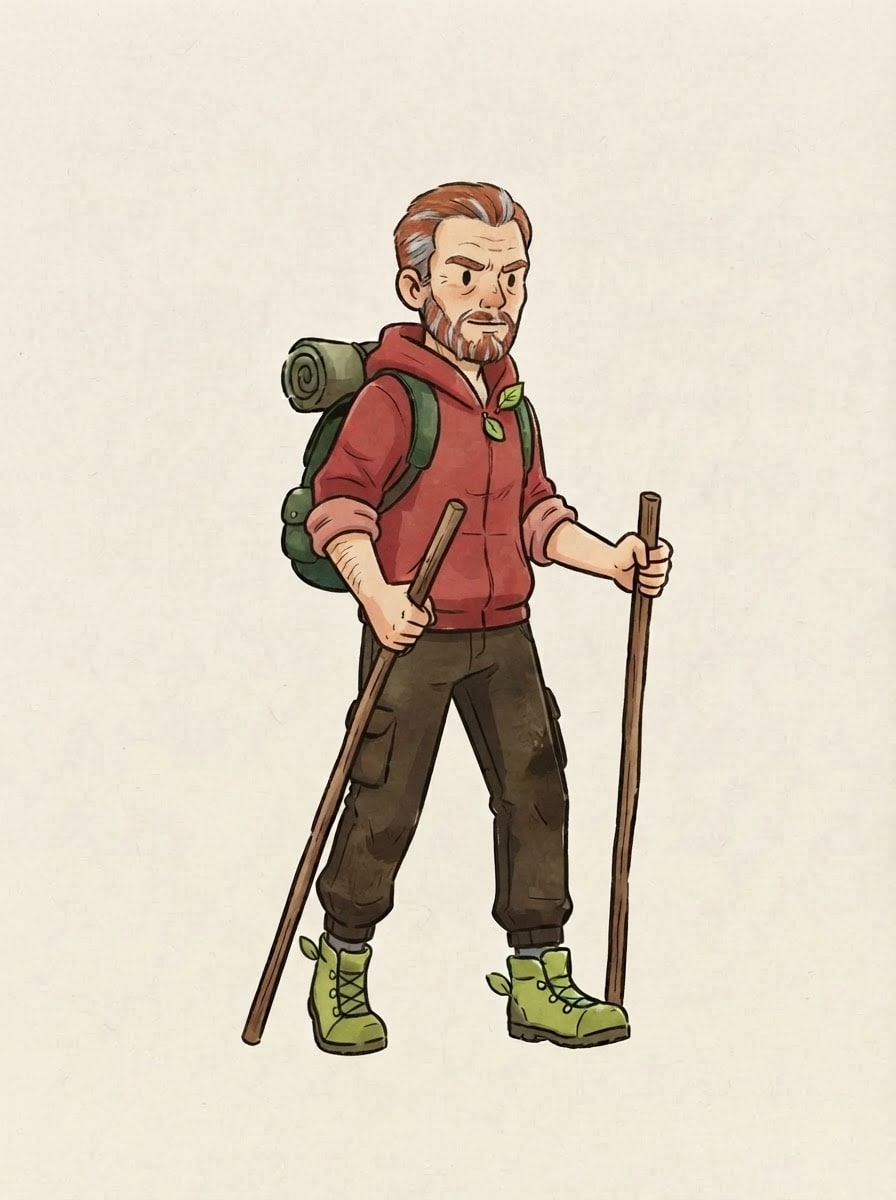 Elder man hiker - red and grey hair