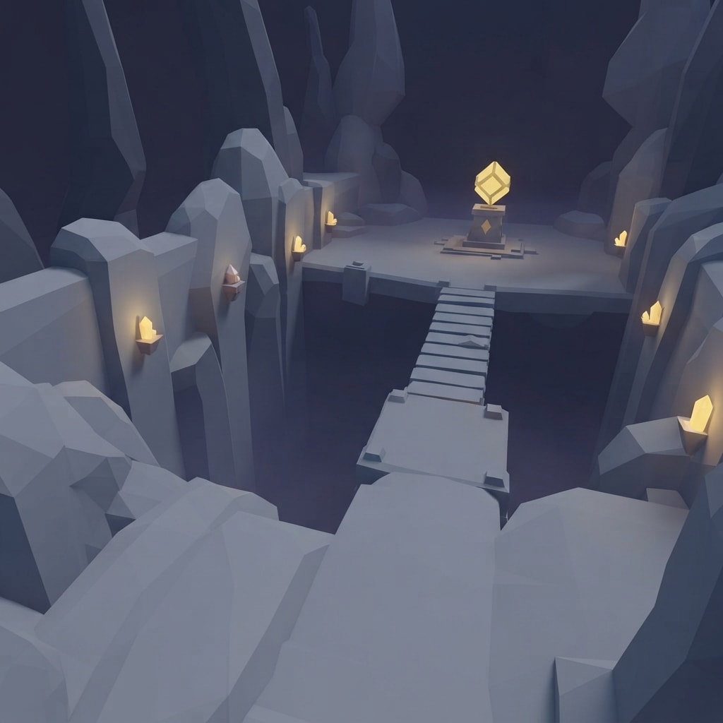 Image: this place as a wide game backdrop, chunky low-pol