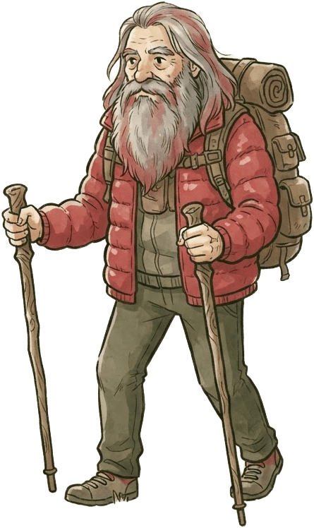Image: this character as a game asset: an elderly hiker w