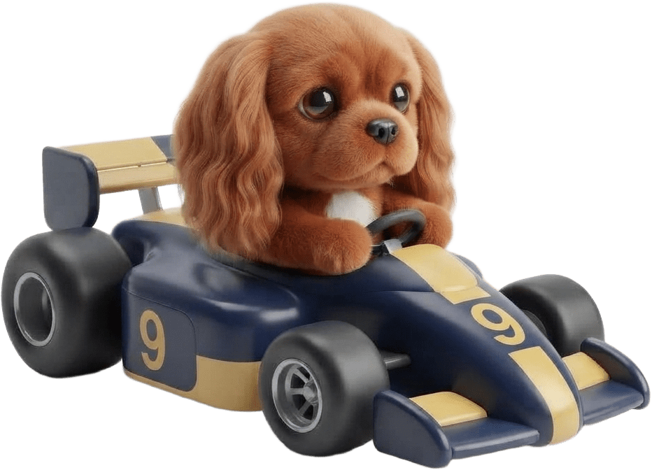 Image: Same render style, toy Formula 1 kart shape, camer