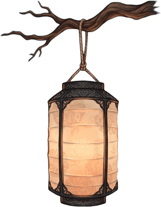 Image: A single hanging paper lantern glowing warm orange