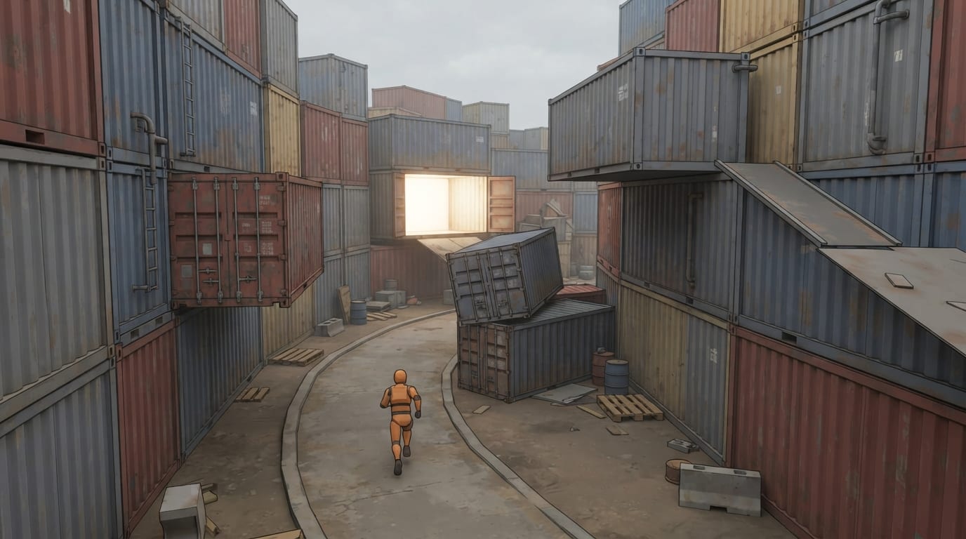 A canyon of shipping containers