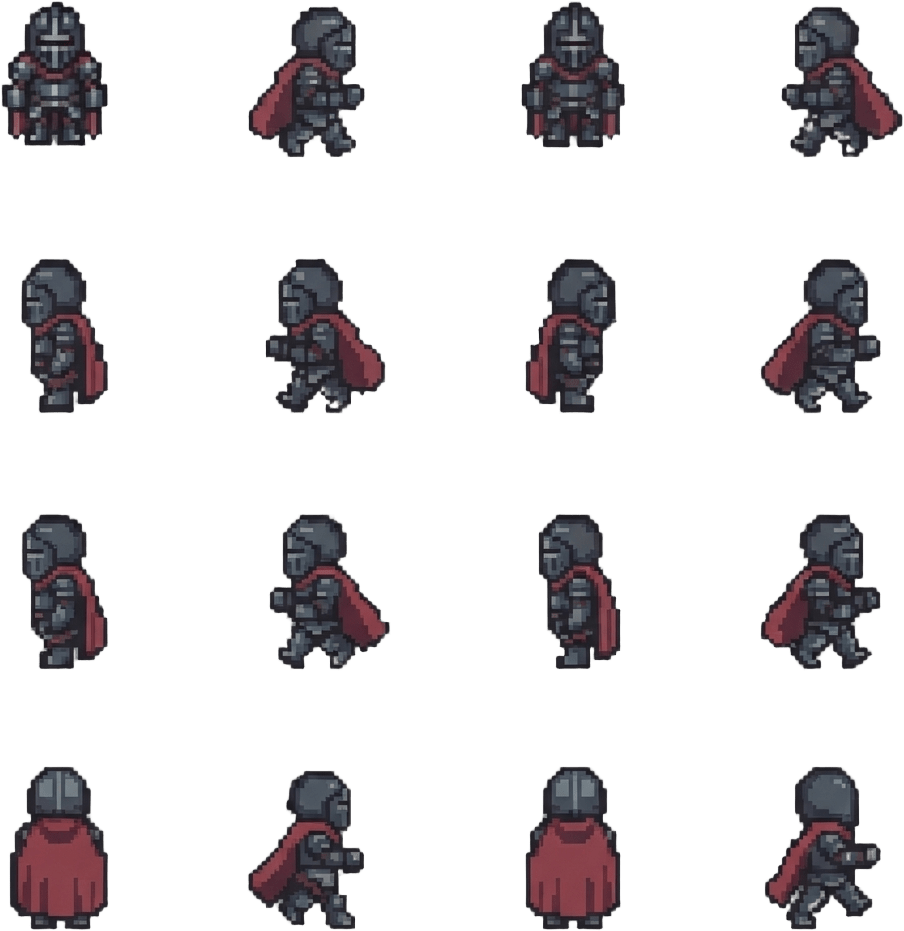 Image: pixel art character sprite sheet, the same tiny kn