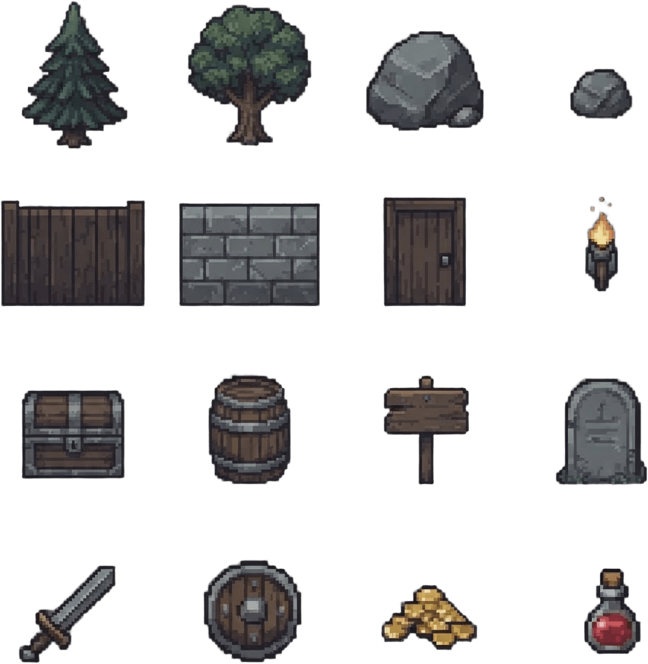 Image: pixel art object sprite sheet, 4 rows of 4 separat