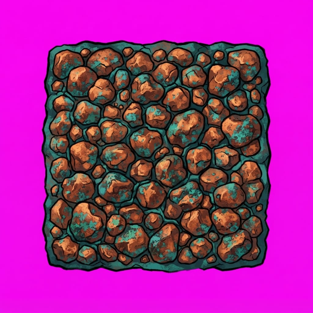 Image: A large, rich deposit of raw copper ore bursting o