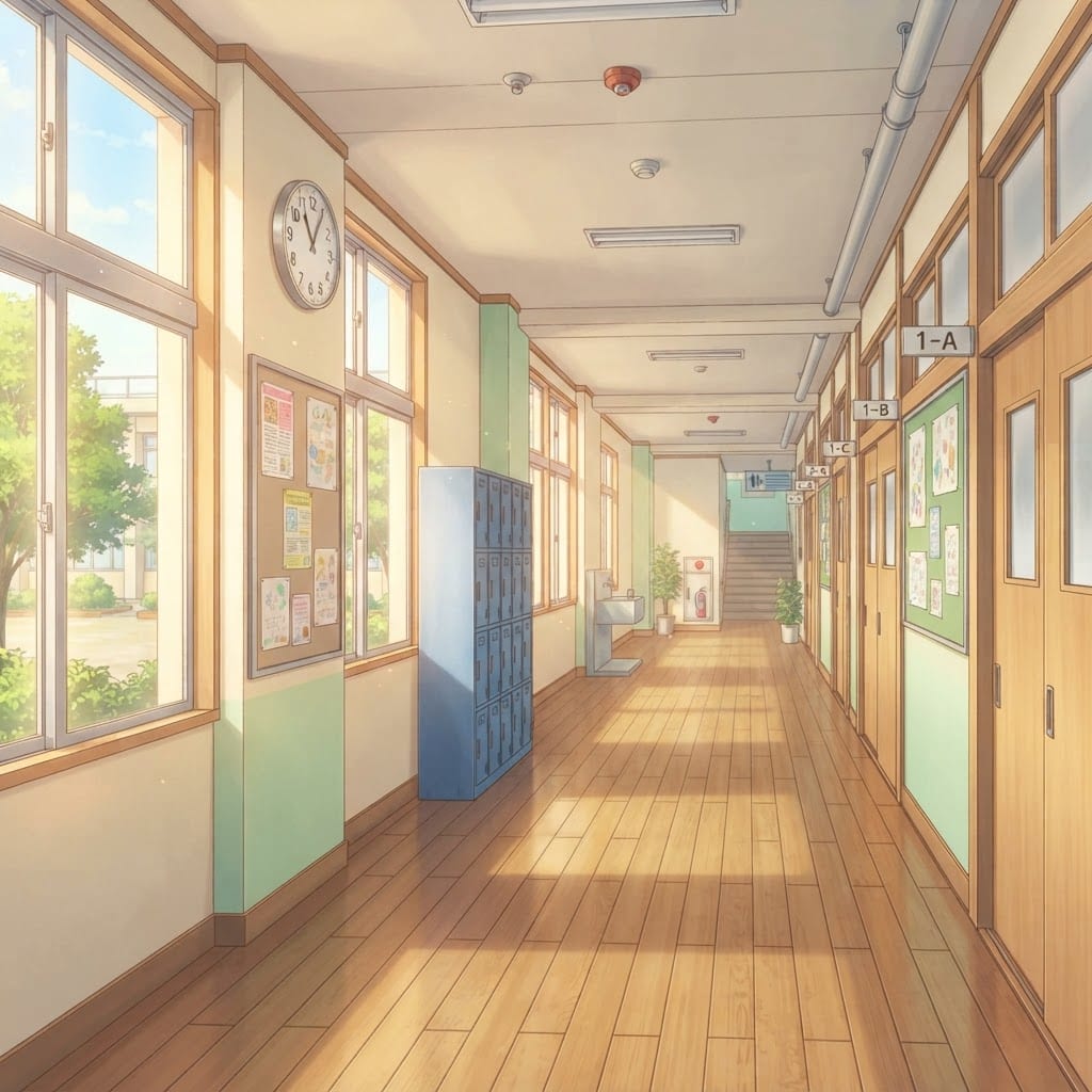 Image: Wide illustrated 2D visual-novel background of a b