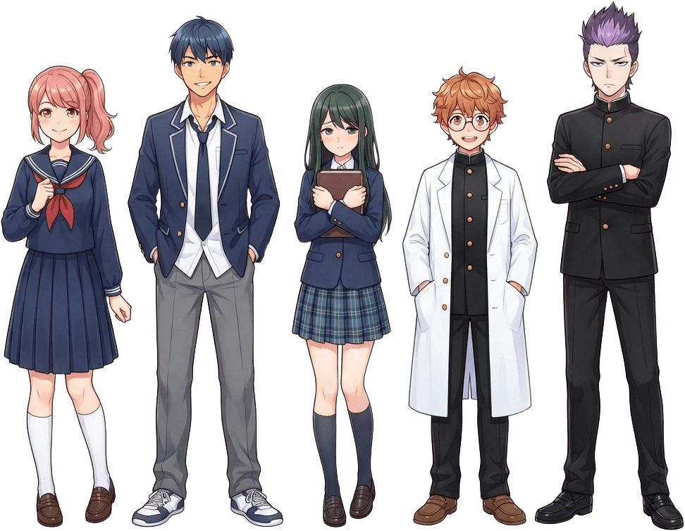 Image: A character sprite sheet of five different Japanes