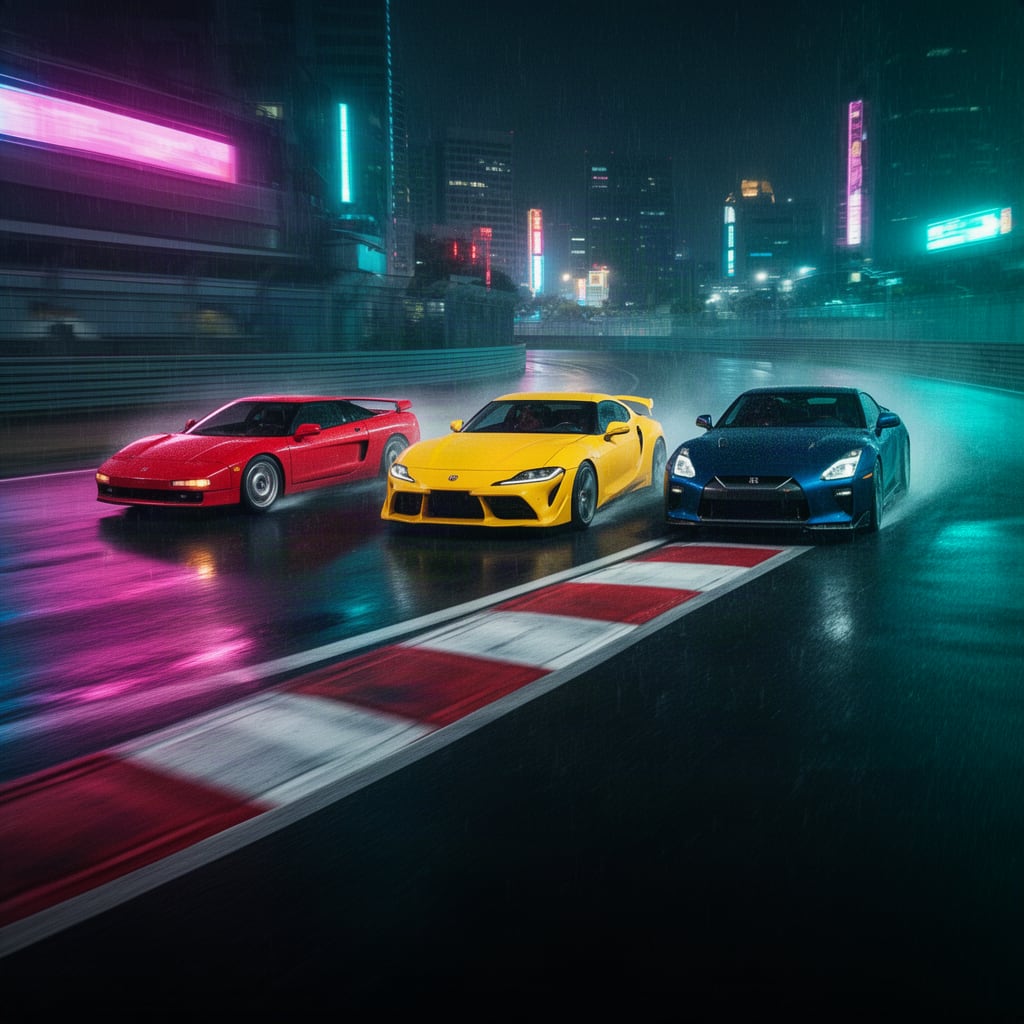 Image: Cinematic wide landscape photograph, night race: t