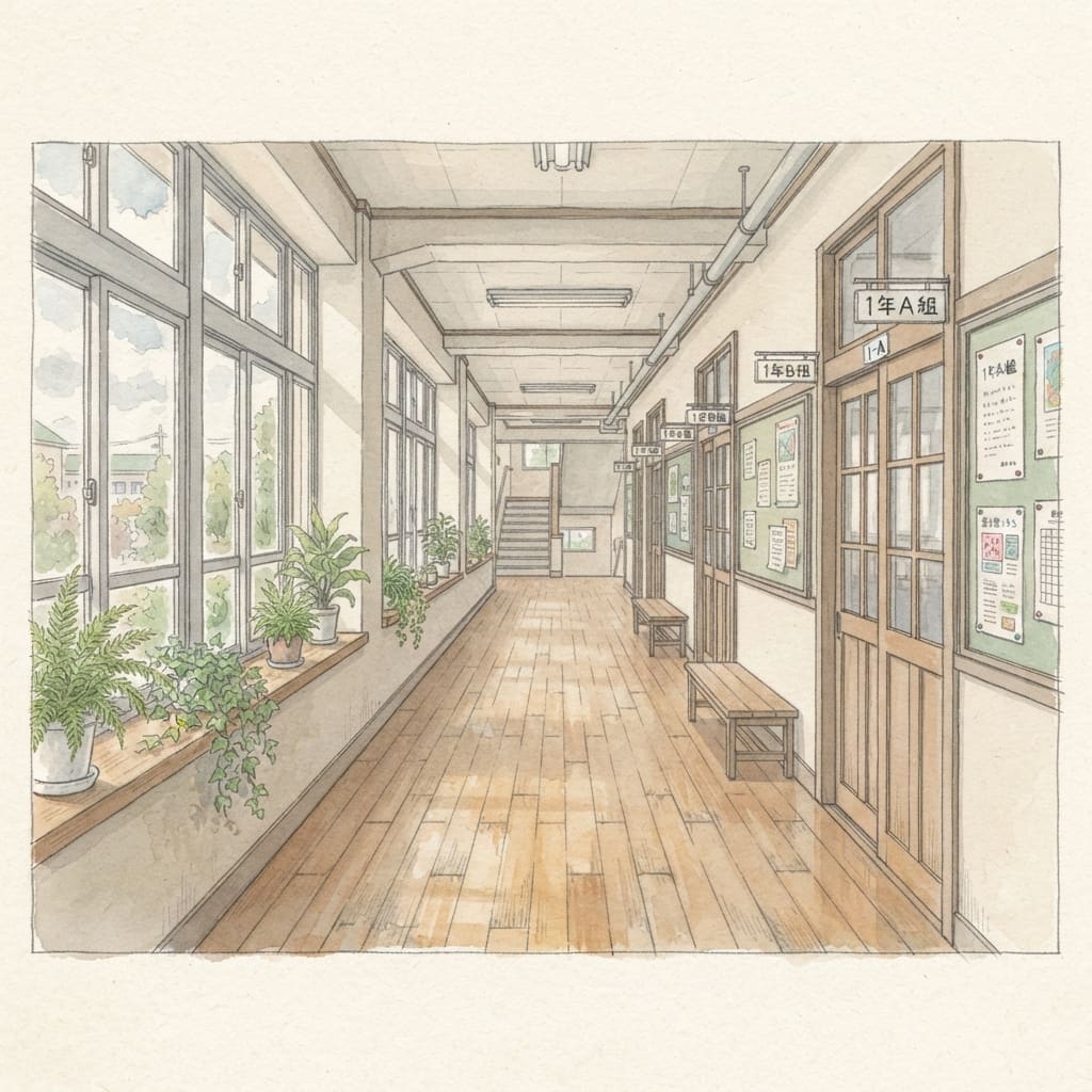 Image: Wide empty Japanese high school hallway interior,