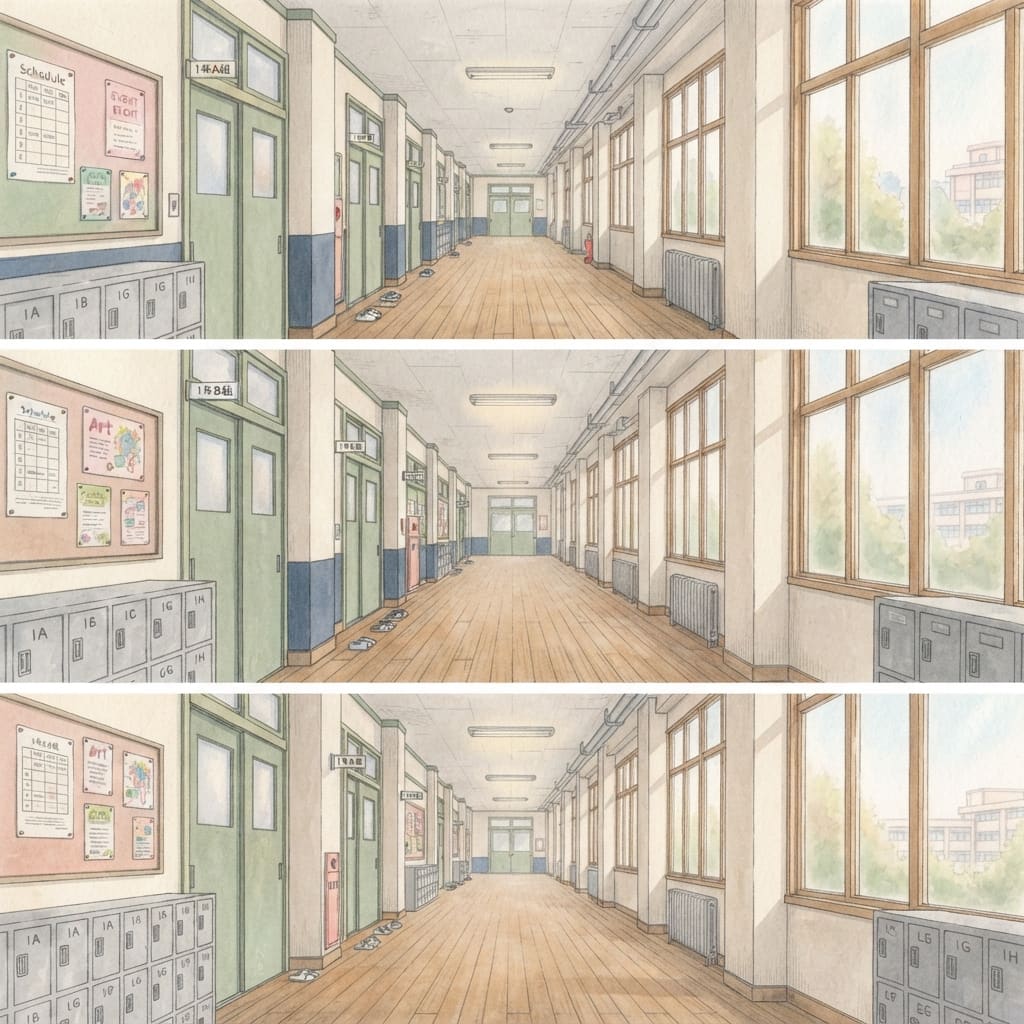 Image: 2D side-scroller game background: a Japanese high
