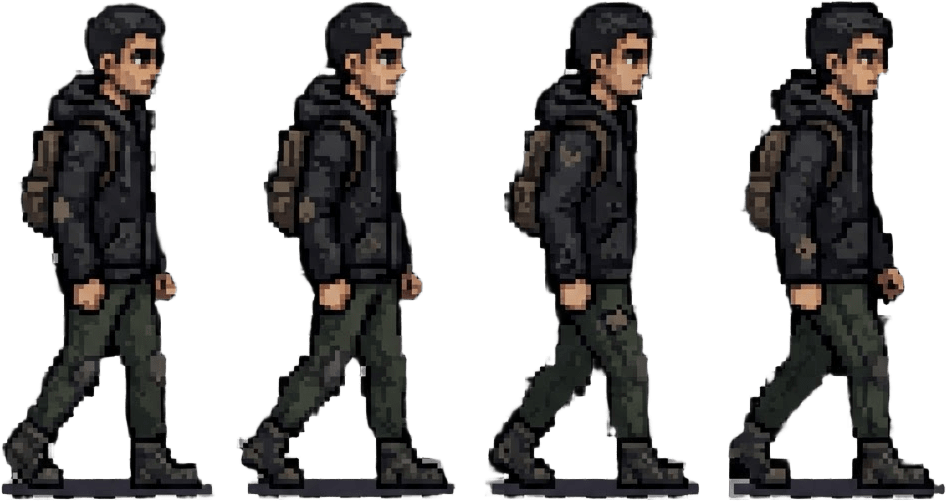 Image: Side view pixel art sprite sheet of ONE young male