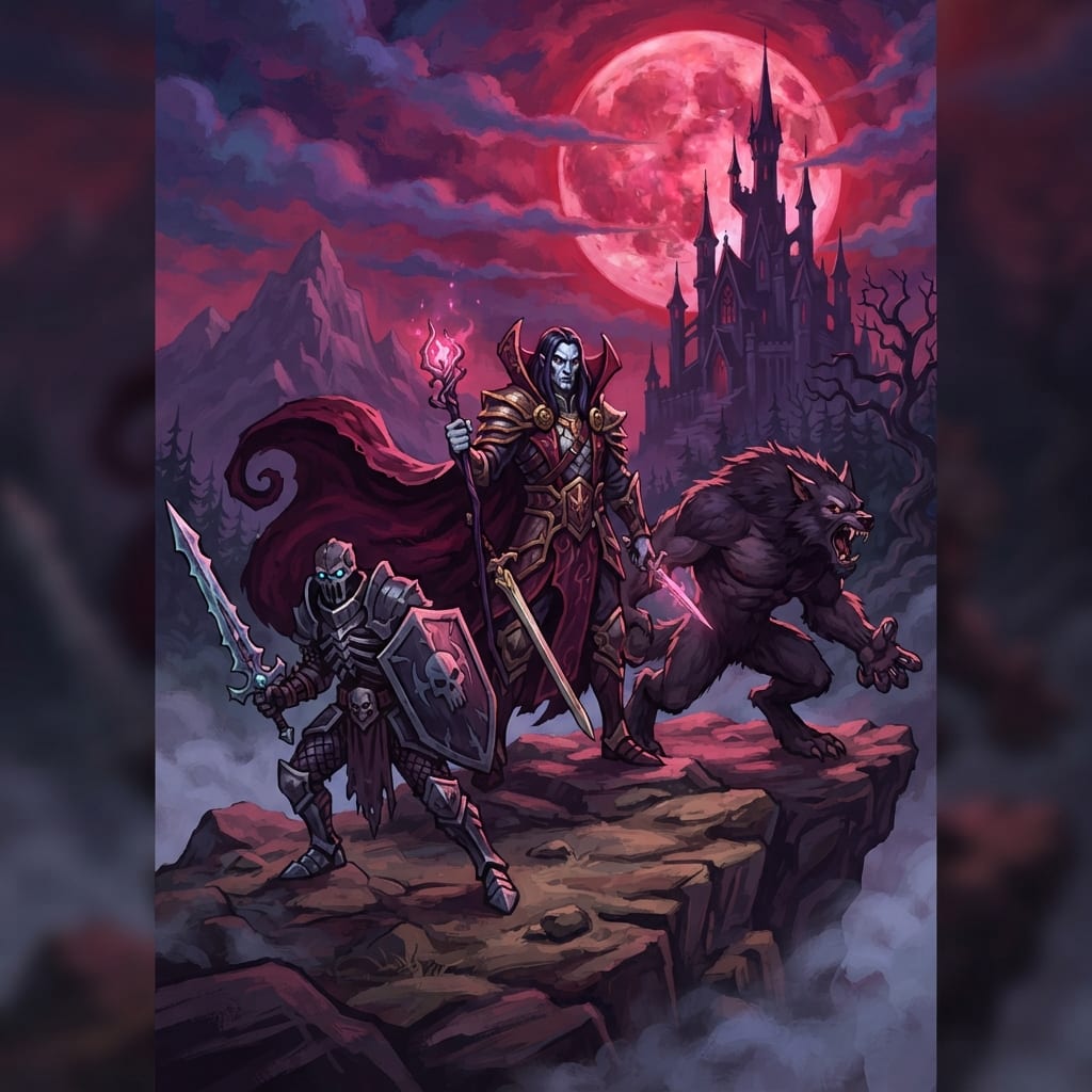 Image: Game card art, stylized painterly illustration wit