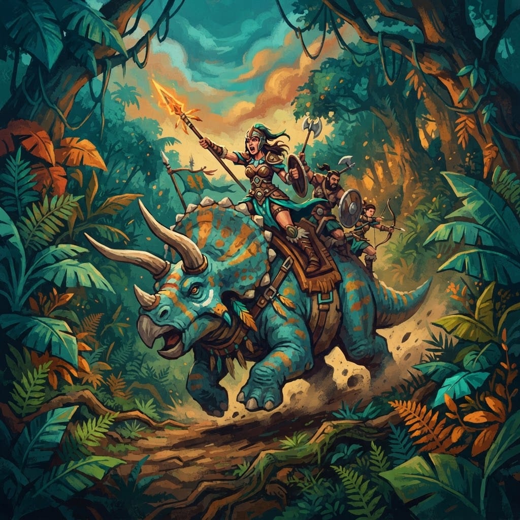 Image: Game card art, stylized painterly illustration wit