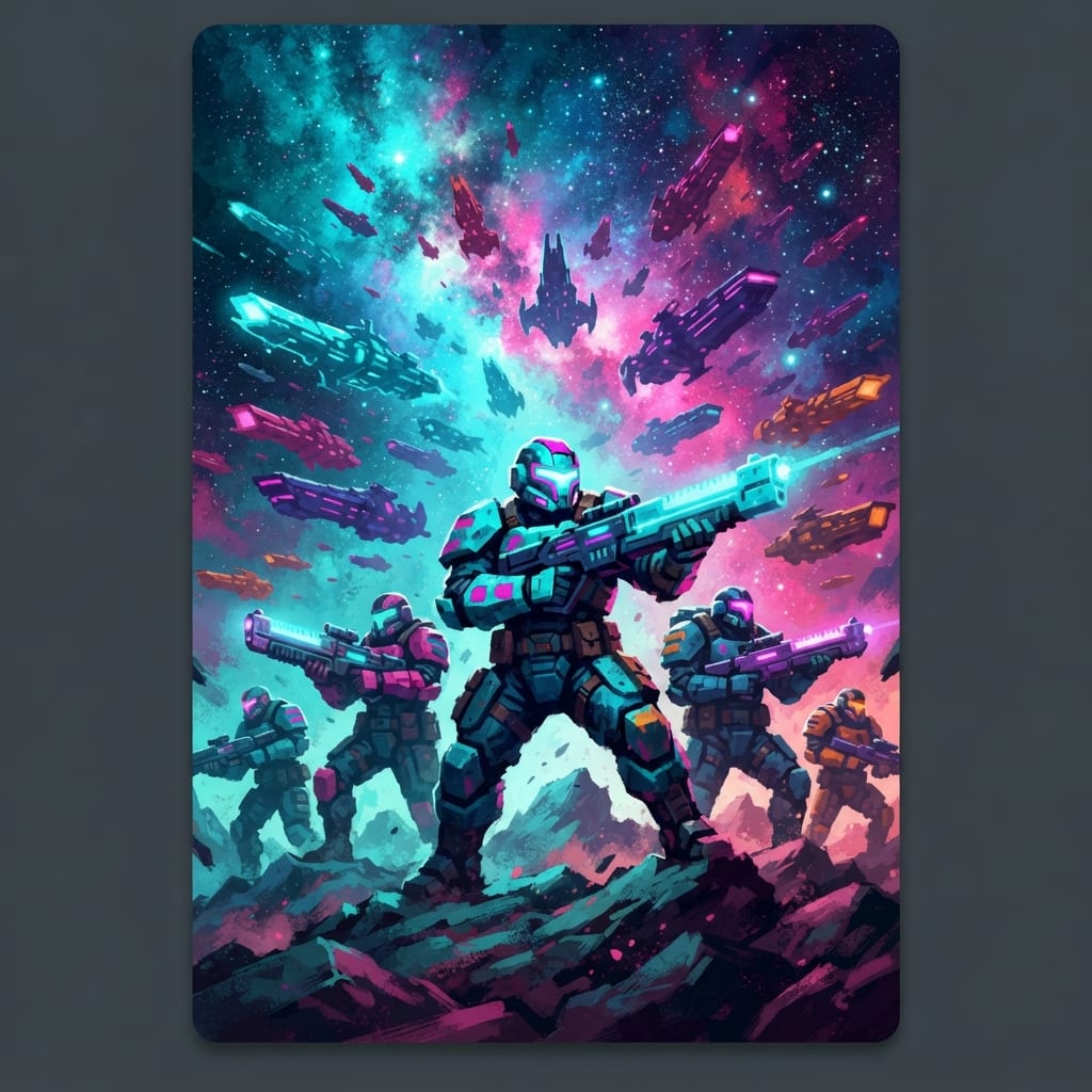 Image: Game card art, stylized painterly illustration wit