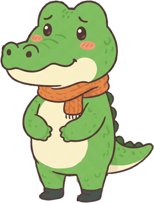 Image: Game sprite of a cute cartoon crocodile character,