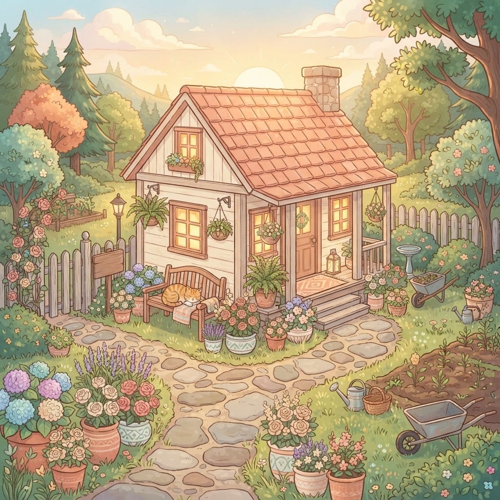 Image: Cozy pastel front yard of a small warm house at go