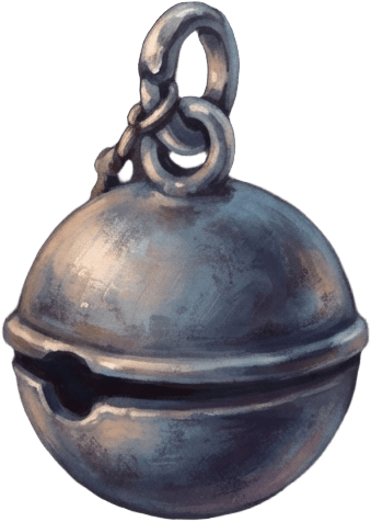 Image: A single tiny round silver bell charm, side view,
