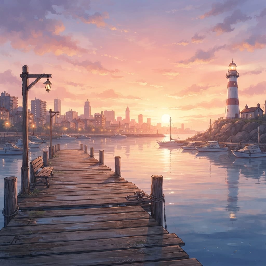 Image: Anime visual novel background, no people. A city h