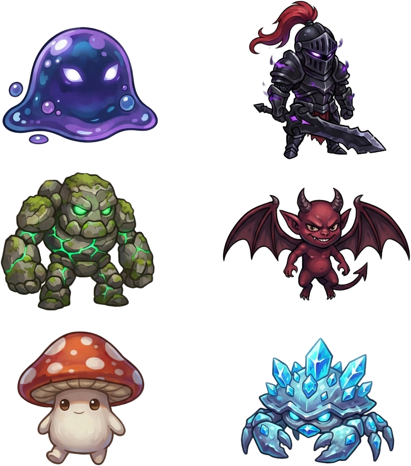 Image: Character sprite sheet of six fantasy monsters for