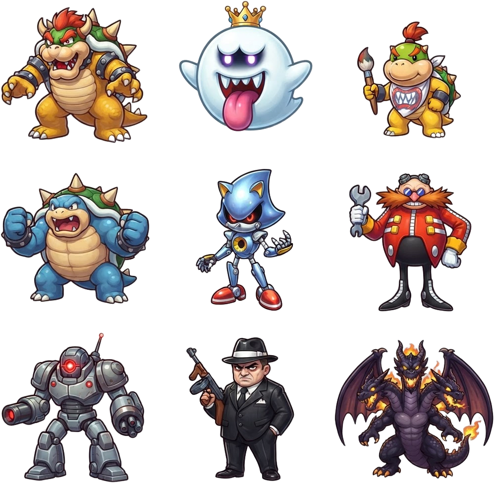 Image: Boss sprite sheet of nine cartoon video game bosse