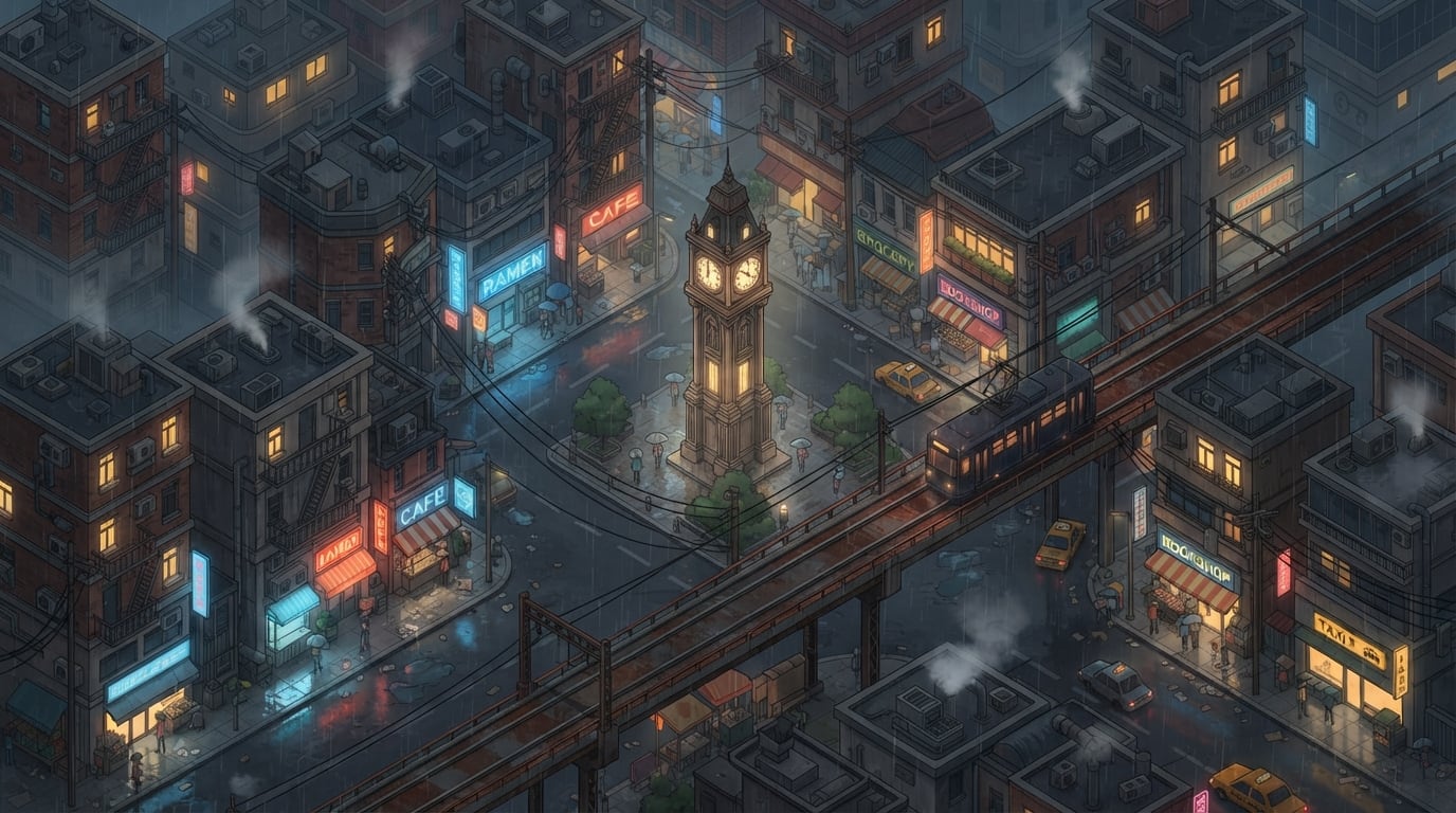 A rain-soaked neon downtown