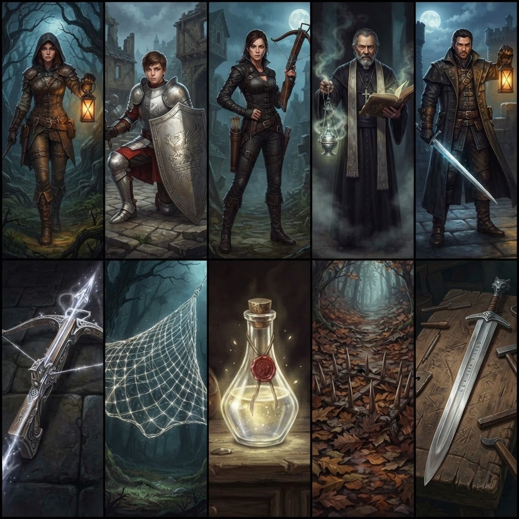 Image: Create exactly TEN distinct dark fantasy trading c