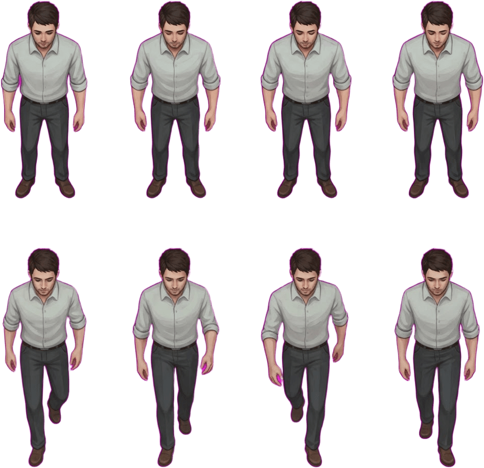 Image: A 2D game character sprite sheet, exactly 4 column