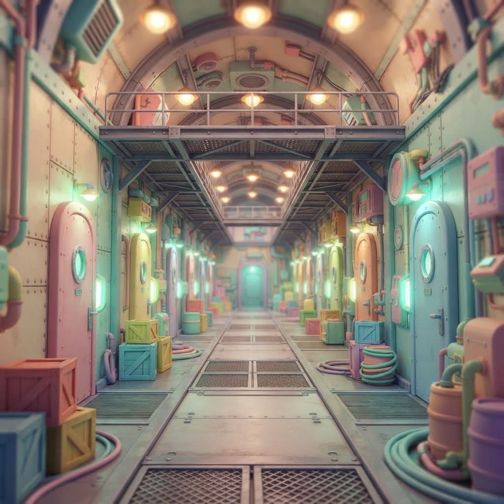 Image: Cartoon 3D CGI industrial corridor interior: tall