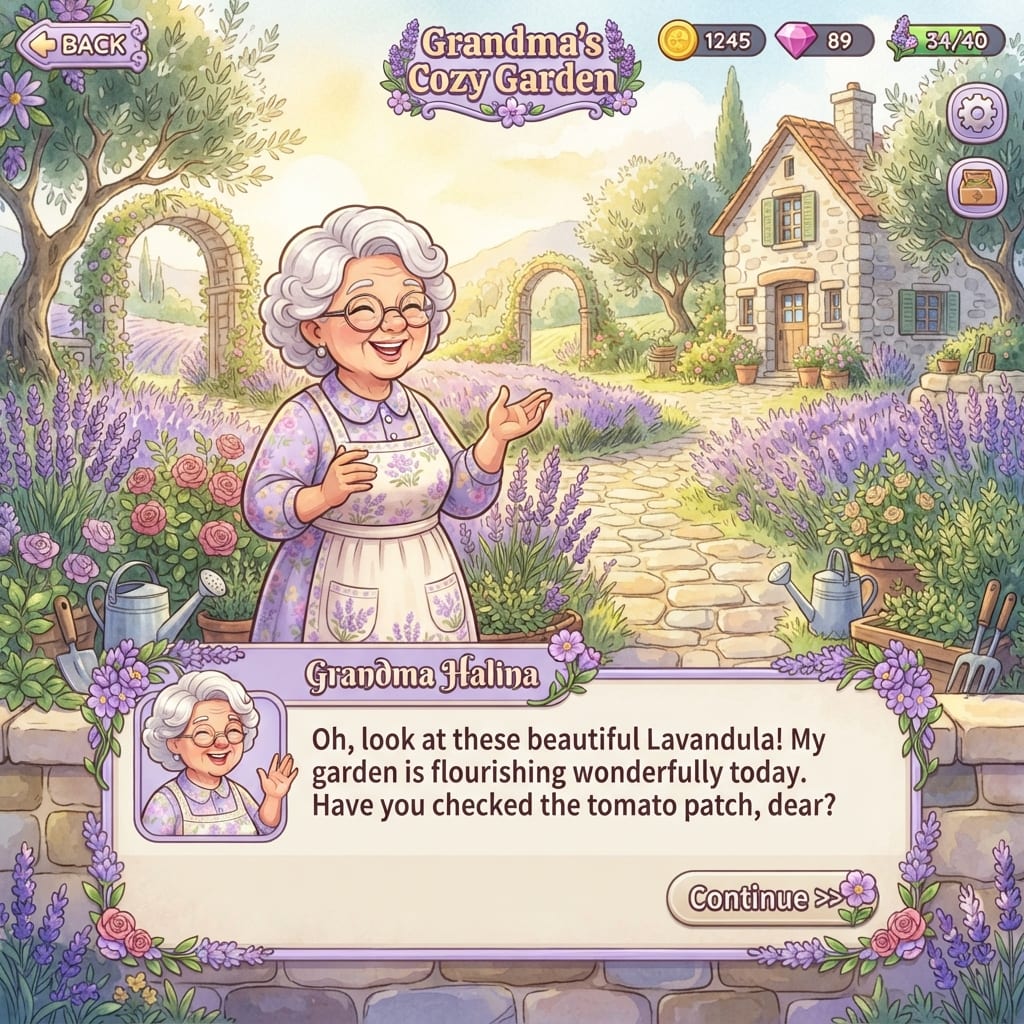 Image: Mobile game UI redesign mockup of a cozy garden di