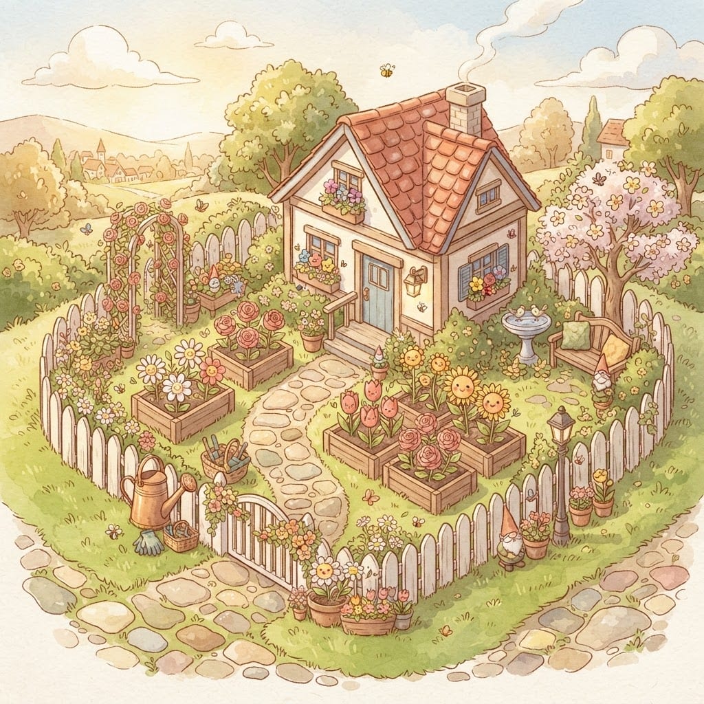 Image: Isometric cozy mobile game garden scene, storybook